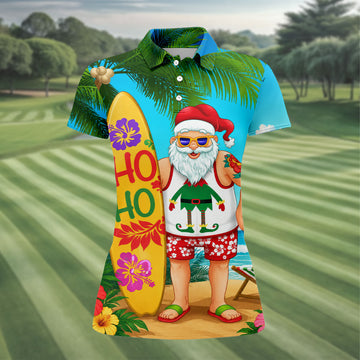 Surfboard Santa Tropical Christmas Golf Shirt, Women's Golf Tops, Hawaiian Golf Shirt