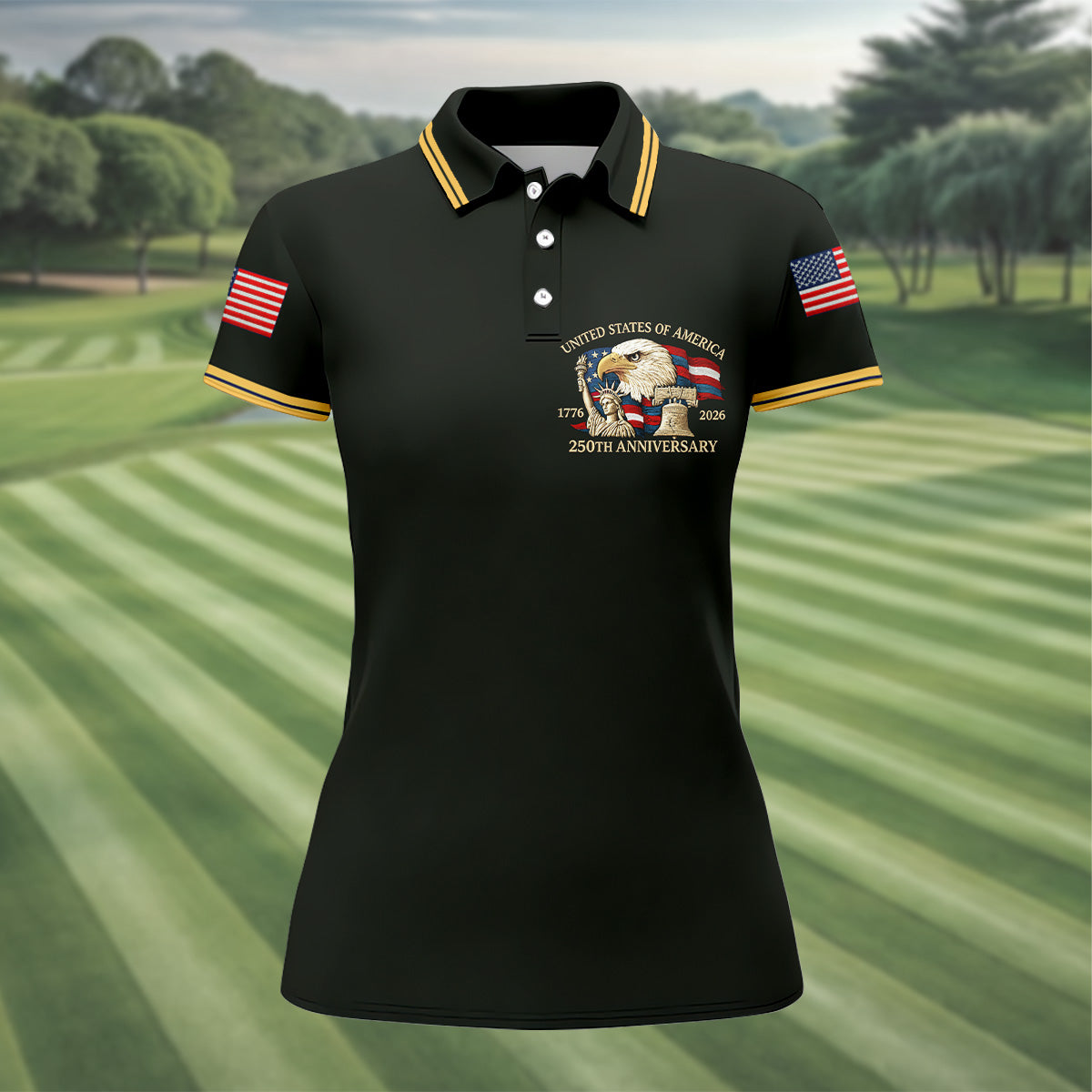 Bald Eagle American Flag 250 Years Black Golf Shirt, Patriotic 4th Of July Golf Shirt For Women