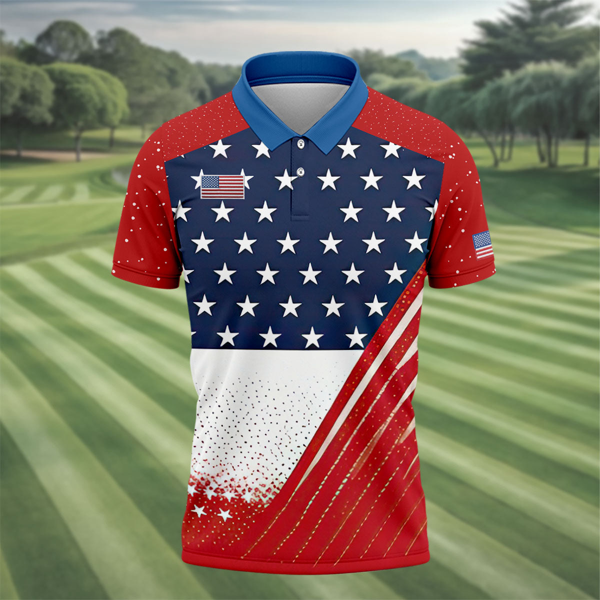 White Star Patriotic 4th Of July American Flag Golf Polo Shirt, Patriotic Golf Shirt, Golf Shirts For Men