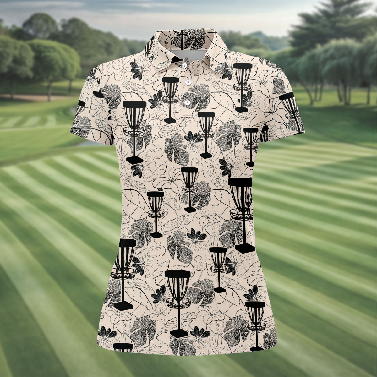 Minimalist Botanical Disc Golf Polo Shirt, Ladies Golf Shirts, Women’s Golf Apparel