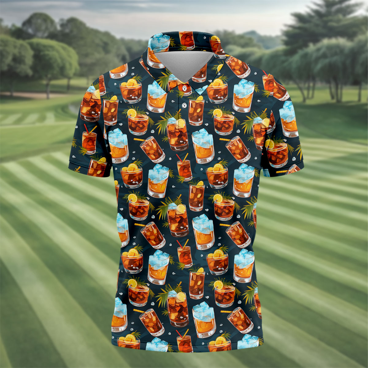 Summer Cocktail Pattern Hawaiian Golf Shirt, Mens Golf Apparel, Golf Polo Shirts For Men