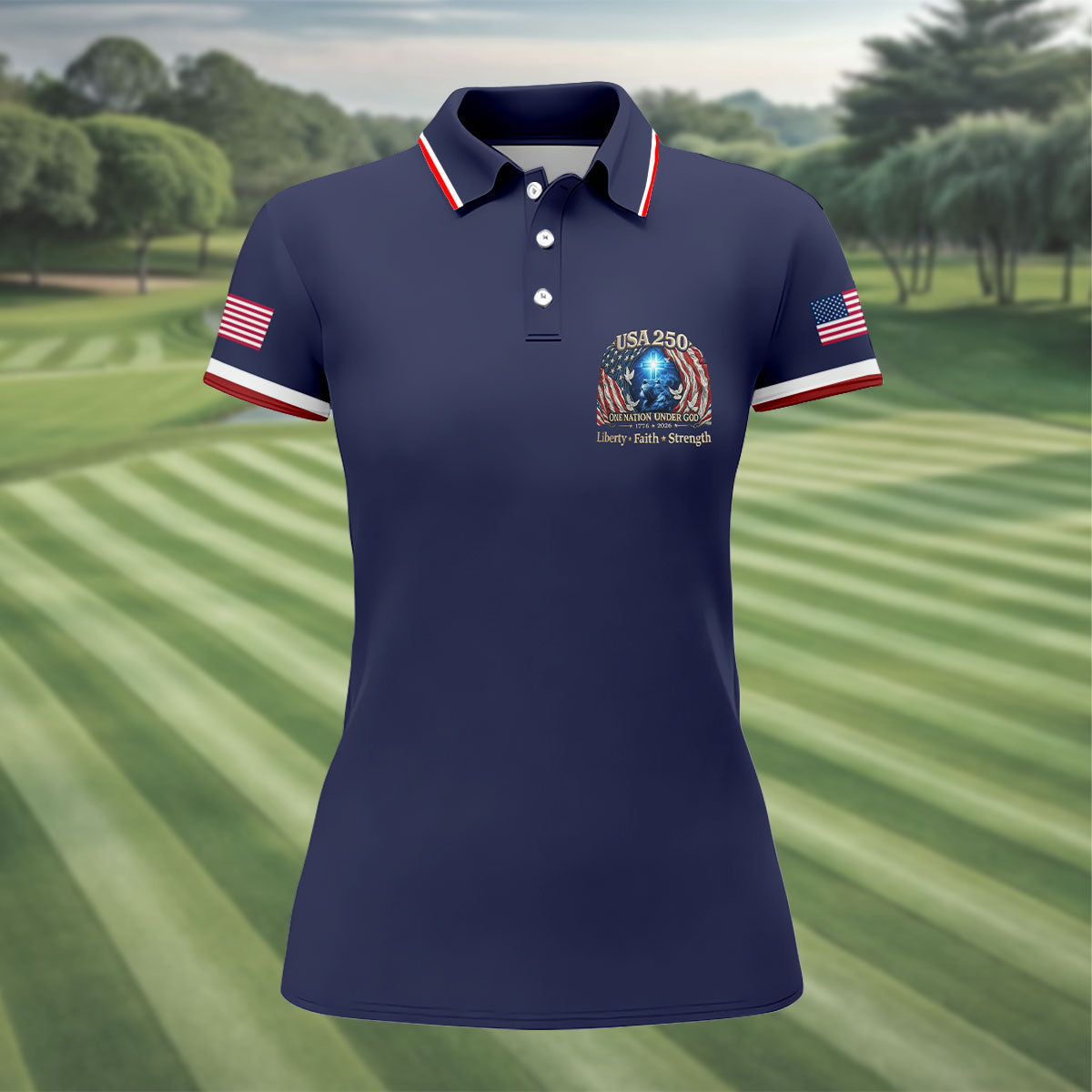 One Nation Under God Faith Cross USA 250 Logo Navy Golf Shirt, 4th Of July Golf Shirt For Women