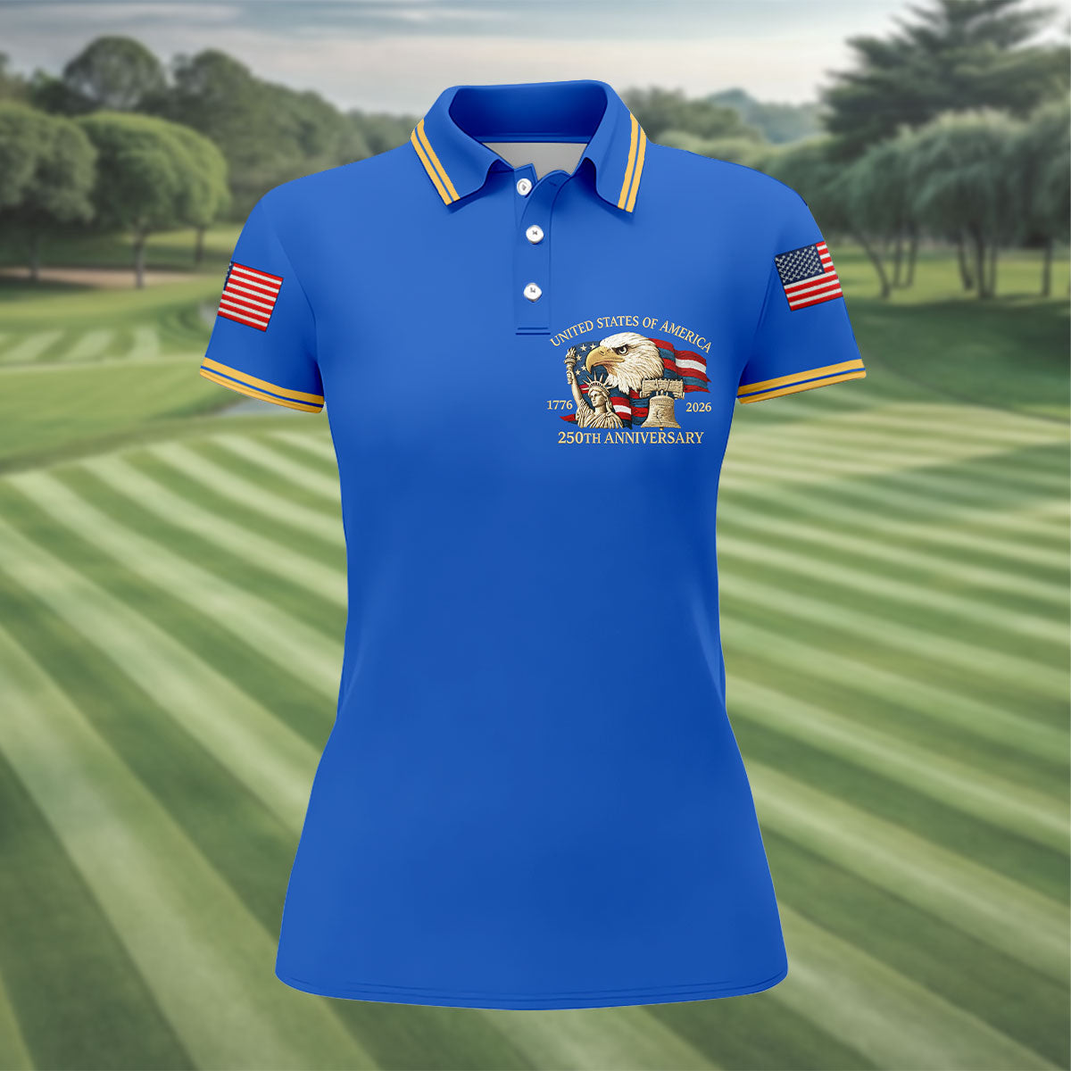 Bald Eagle American Flag 250 Years Blue Golf Shirt, Patriotic 4th Of July Golf Shirt For Women