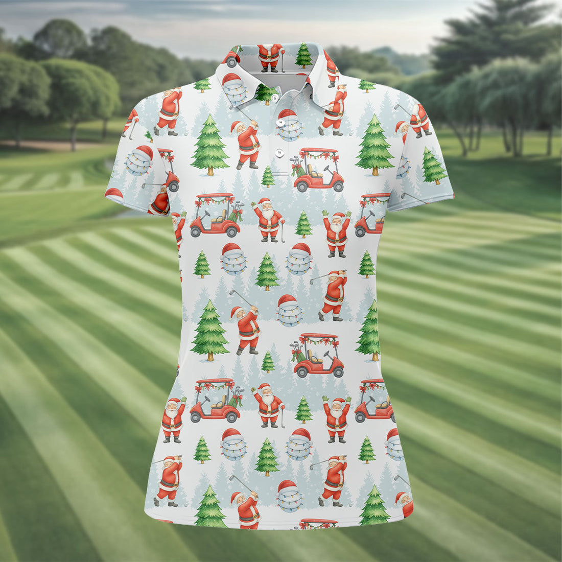 Santa Claus Golf Pose Funny Golf Shirts Women, Christmas Golf Shirt, White Polo Women, Christmas Golf Gift