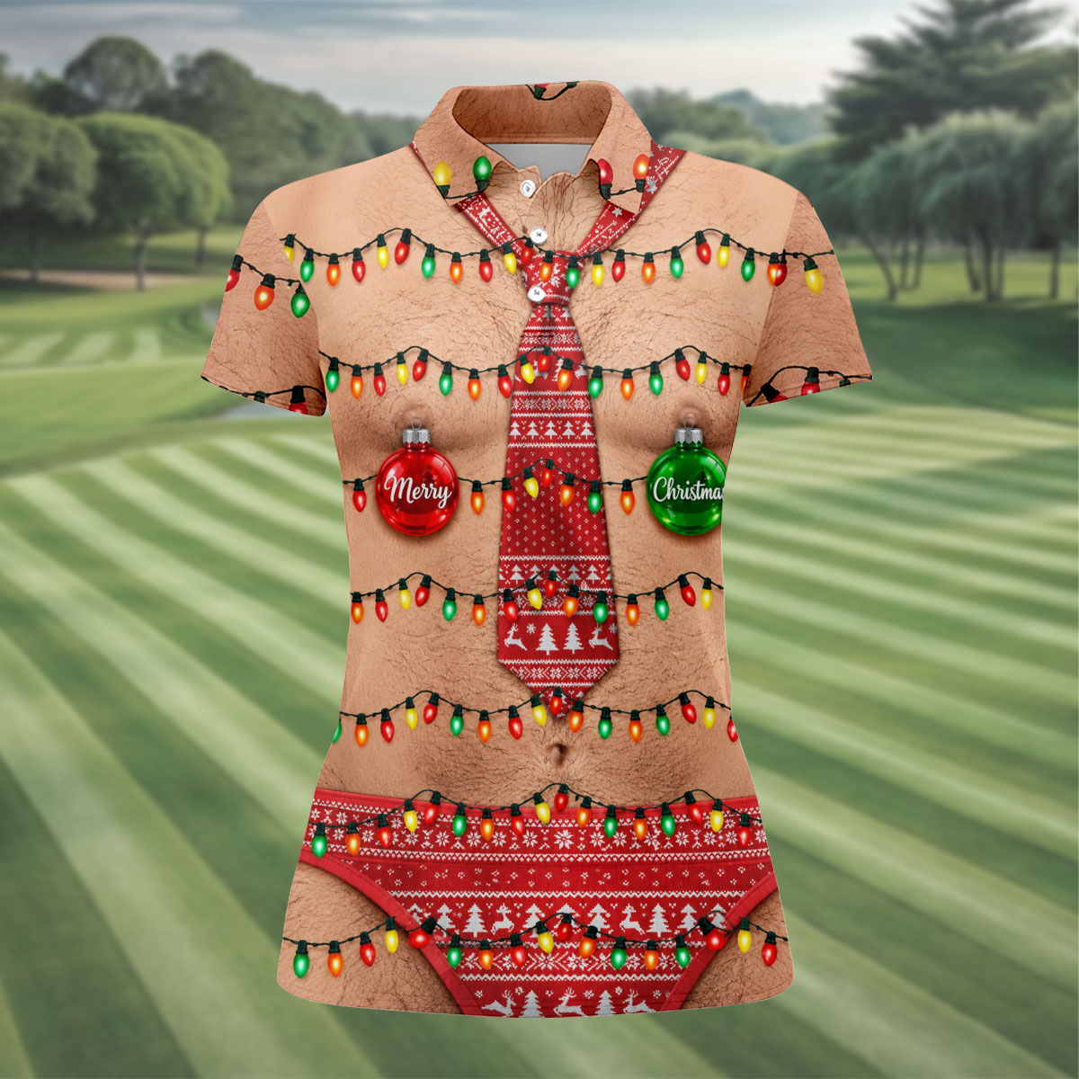 Funny Merry Christmas Lights Tie Polo Shirt, Printed Golf Shirt, Golf Shirts For Women