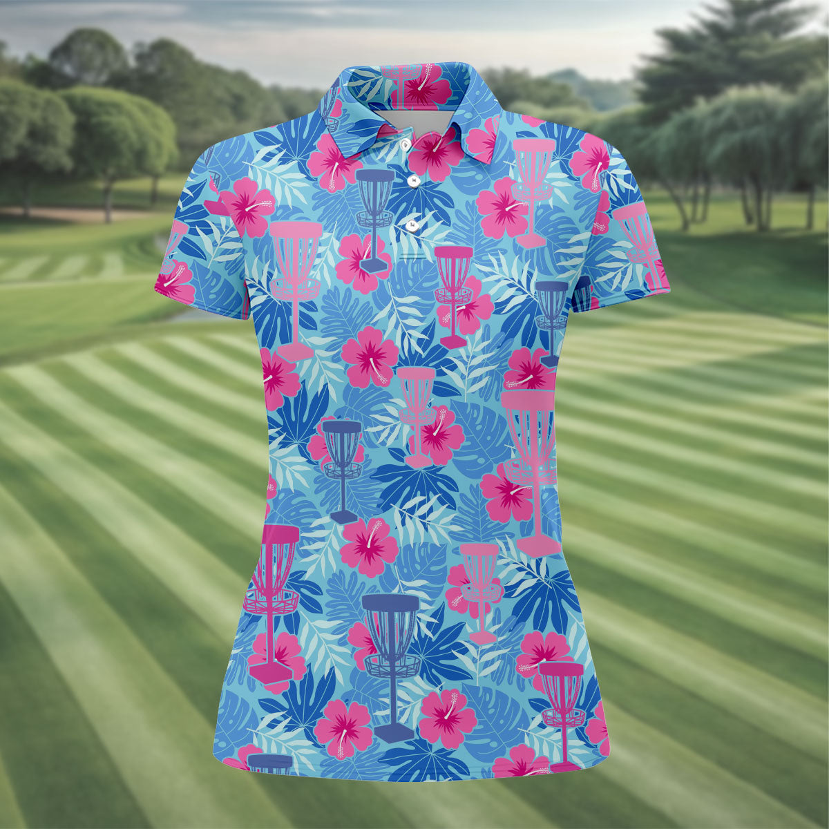 Blue Hibiscus Disc Golf Polo Shirt, Golf Tops For Women, Women’s Golf Polo