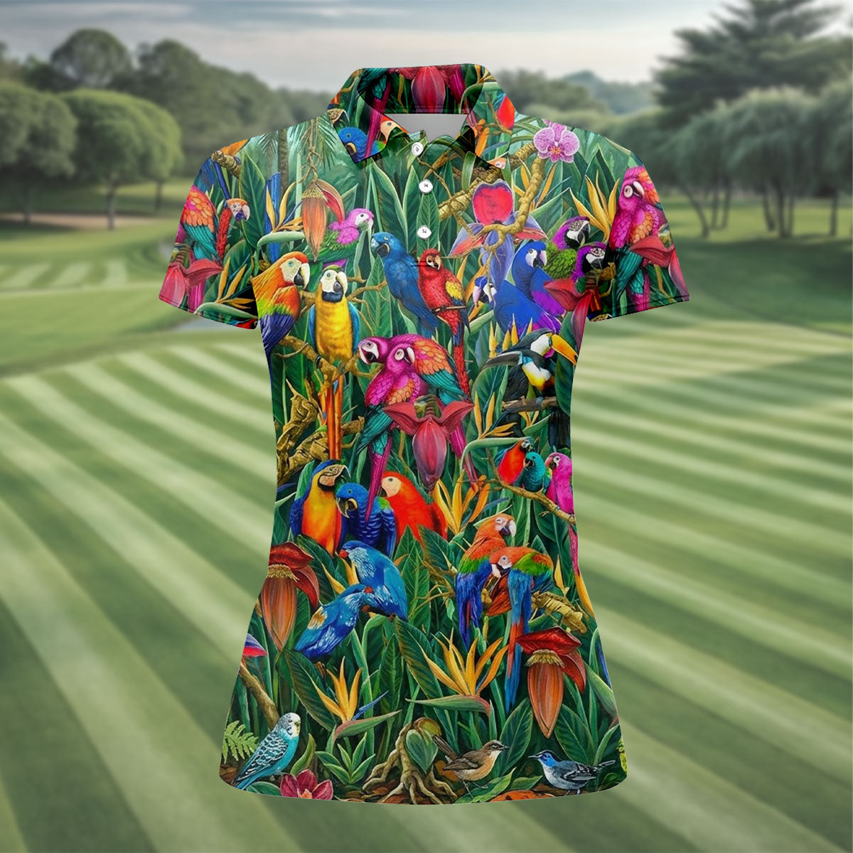 Tropical Colorful Parrots Rainforest Bird Print Golf Polo, Hawaiian Golf Shirt, Women's Golf Apparel