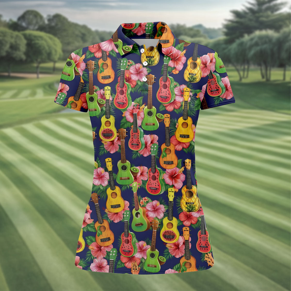 Tropical Ukulele Fruit Pattern 250 Retro Golf Shirt, Hawaiian Vibe Golf Shirt For Women