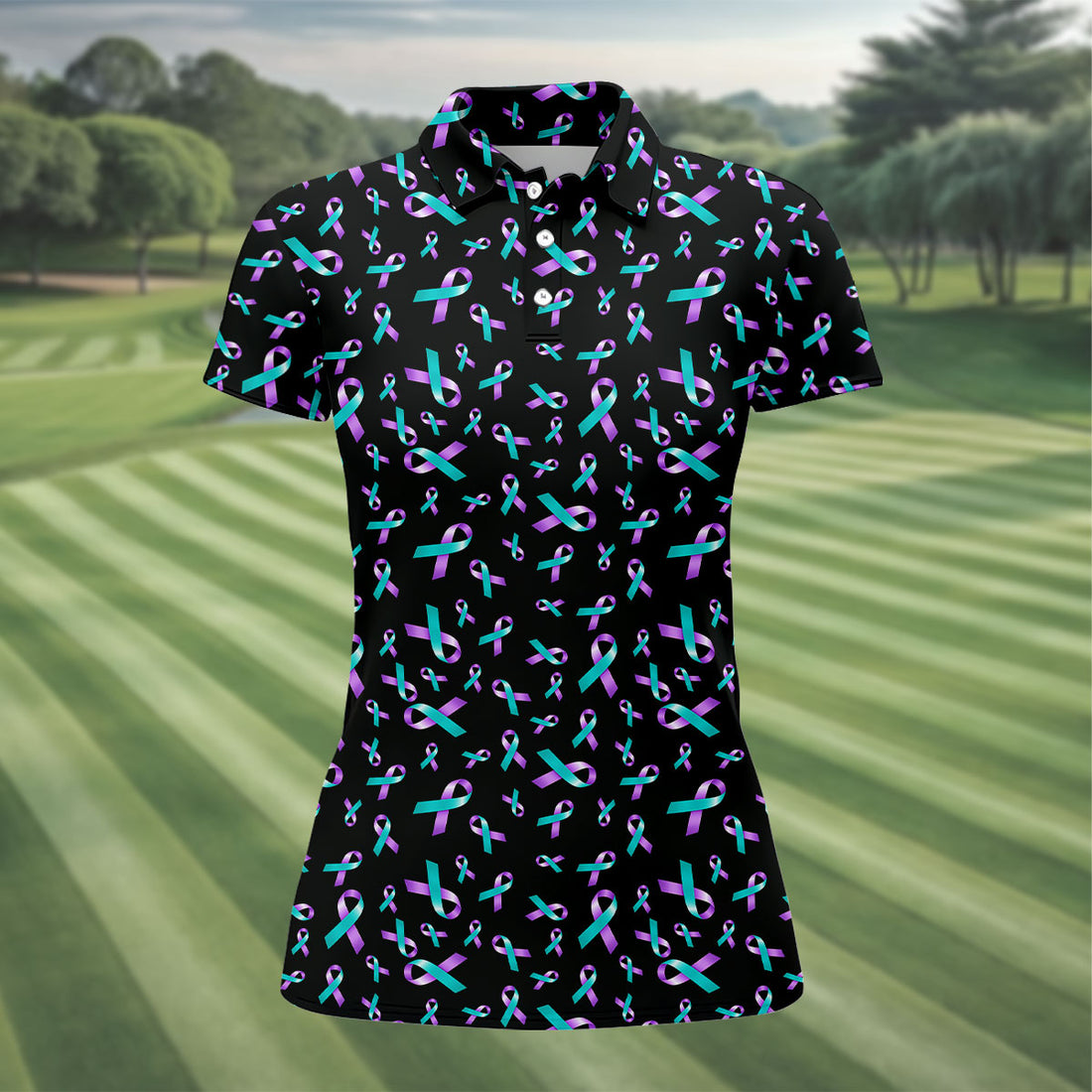 Suicide Prevention Awareness Ribbon Pattern Golf Polo Shirt, Women’s Golf Polo, Golf Shirts For Women