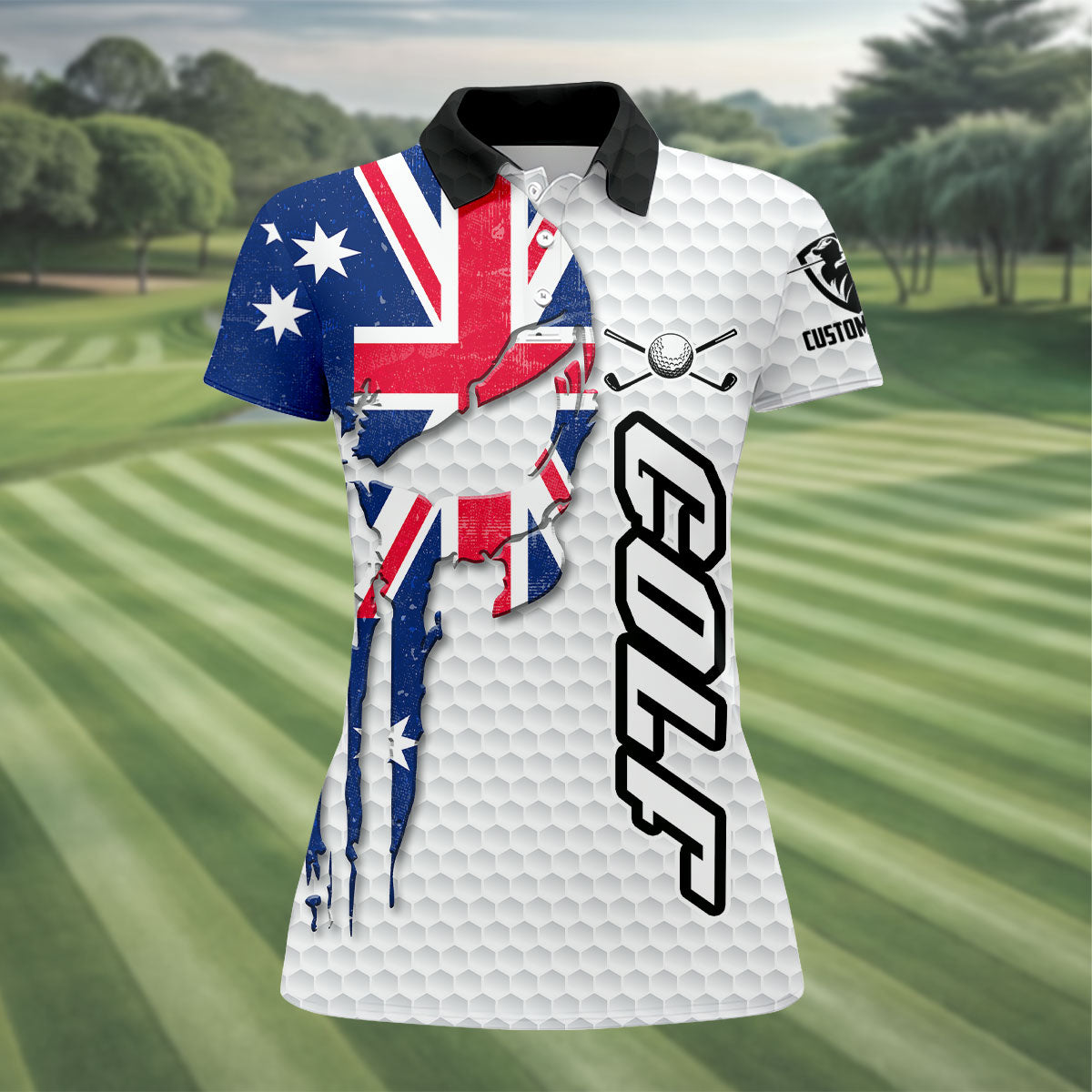 Cool Skull Golf Ball Pattern Australia Flag Print White Golf Shirt, Golf Shirt For Women