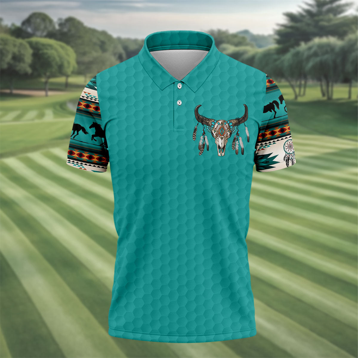 Turquoise Southwestern Bull Skull Golf Polo Shirt, Printed Golf Shirts, Golf Shirts For Men