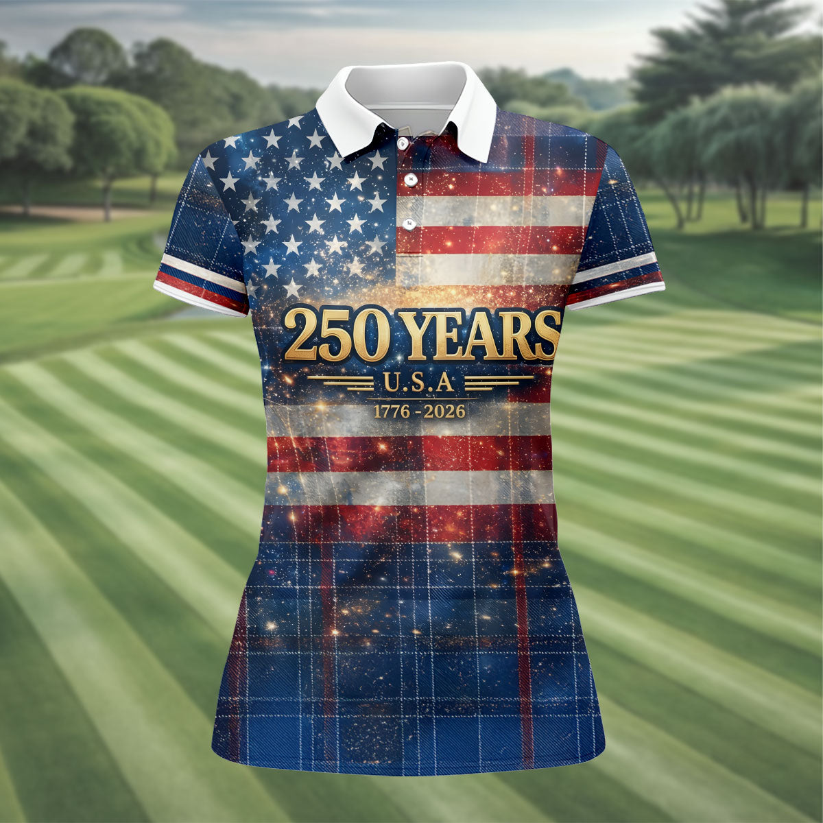 250 Years USA Galaxy Overlay Checkered Patriotic Golf Shirt, 4th Of July Golf Shirt For Women