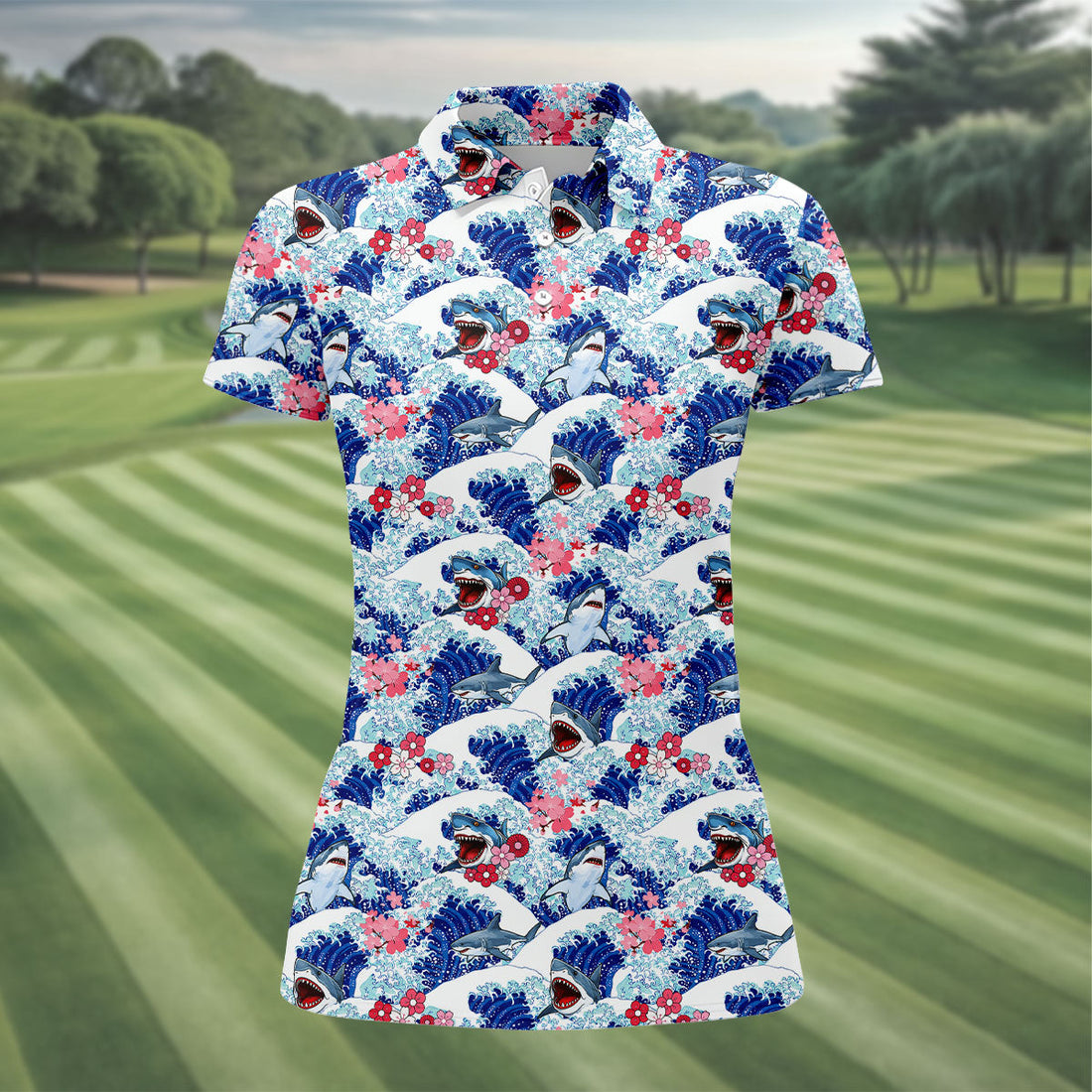 Funny Shark Japanese Wave Hawaiian Golf Shirt, Women's Golf Tops, Ladies Golf Shirts
