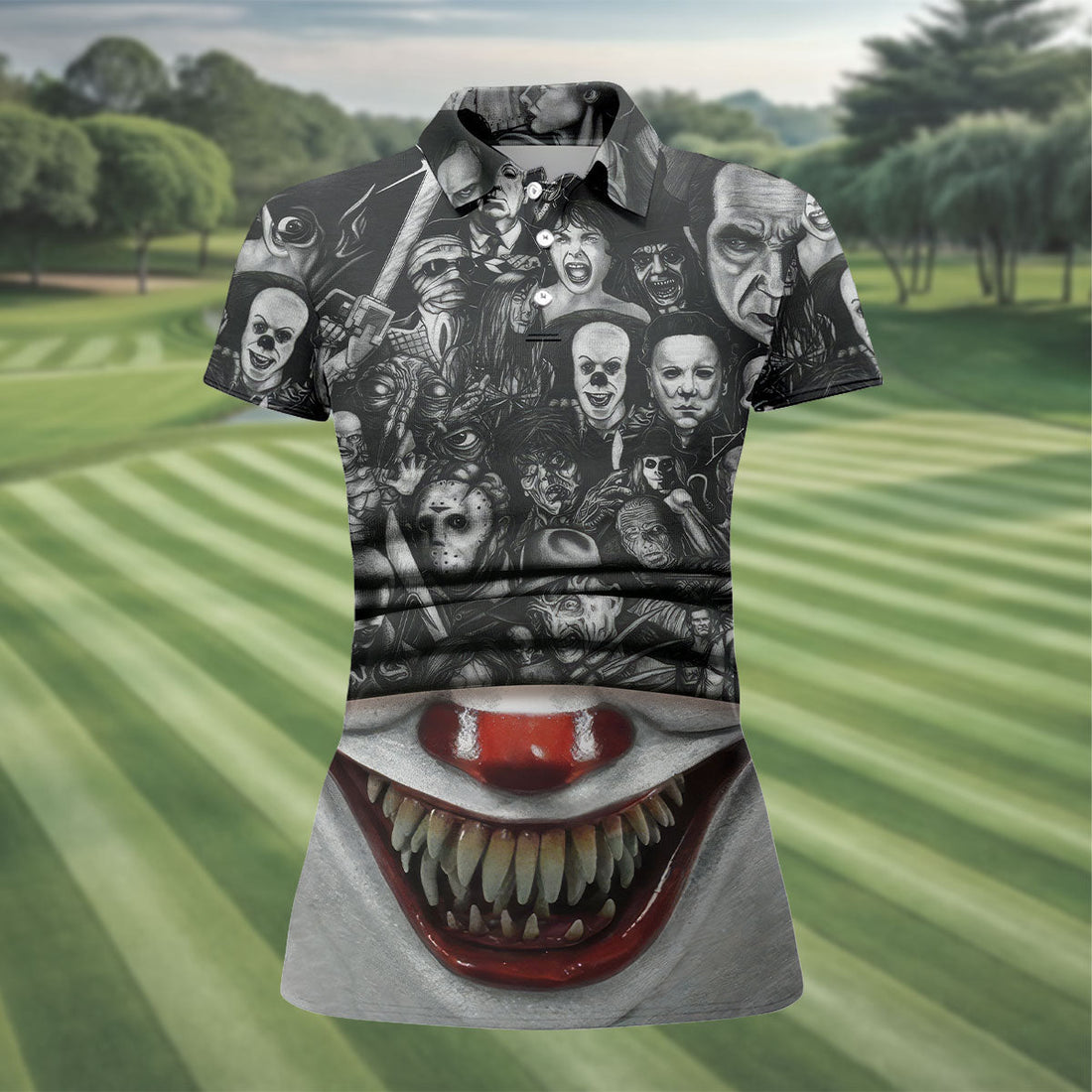 Sharp Teeth Clown Horror Character Halloween Polo Shirt, Womens Golf Tops, Ladies Golf Top