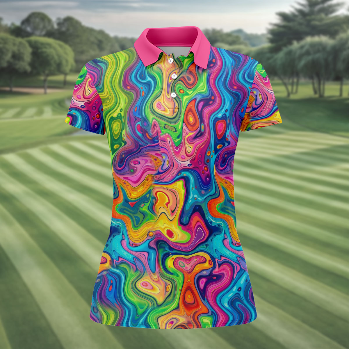 Liquid Marble Colorful Print Retro Golf Shirt, Women's Golf Tops, Ladies Golf Polos