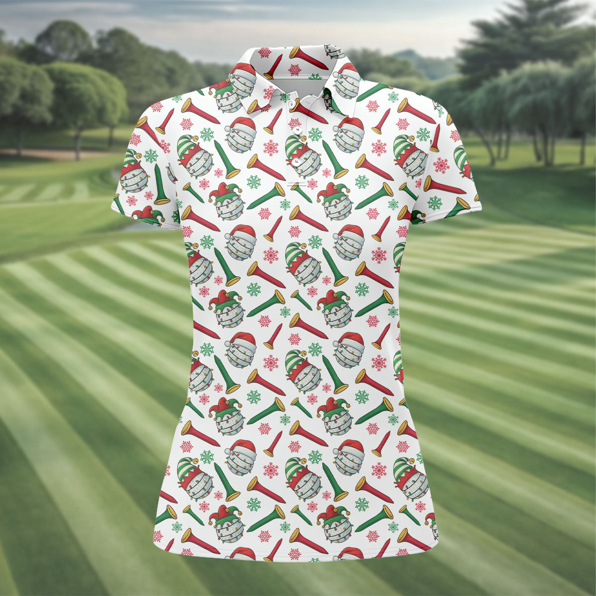 Funny Golf Ball Christmas Golf Shirt, White Polo Women, Ladies Golf Shirts, Golfing Apparel