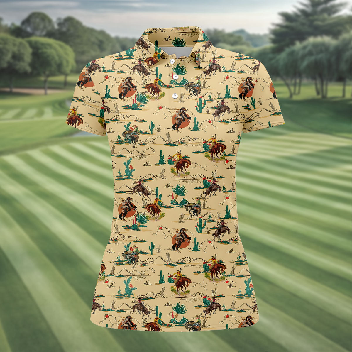 Vintage Cowboy Rodeo Desert Pattern Hawaiian Golf Shirt, Women’s Golf Polo, Printed Golf Shirt