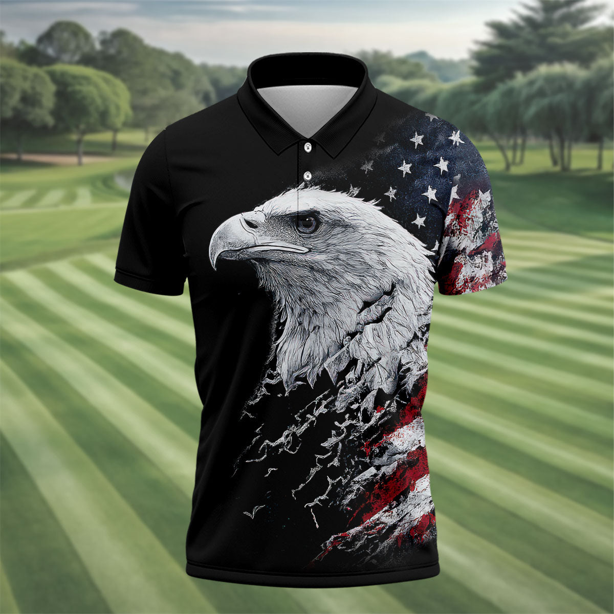 American Flag Bald Eagle Shattering Effect Golf Shirt, Patriotic Golf Shirt, Golf Shirts For Men