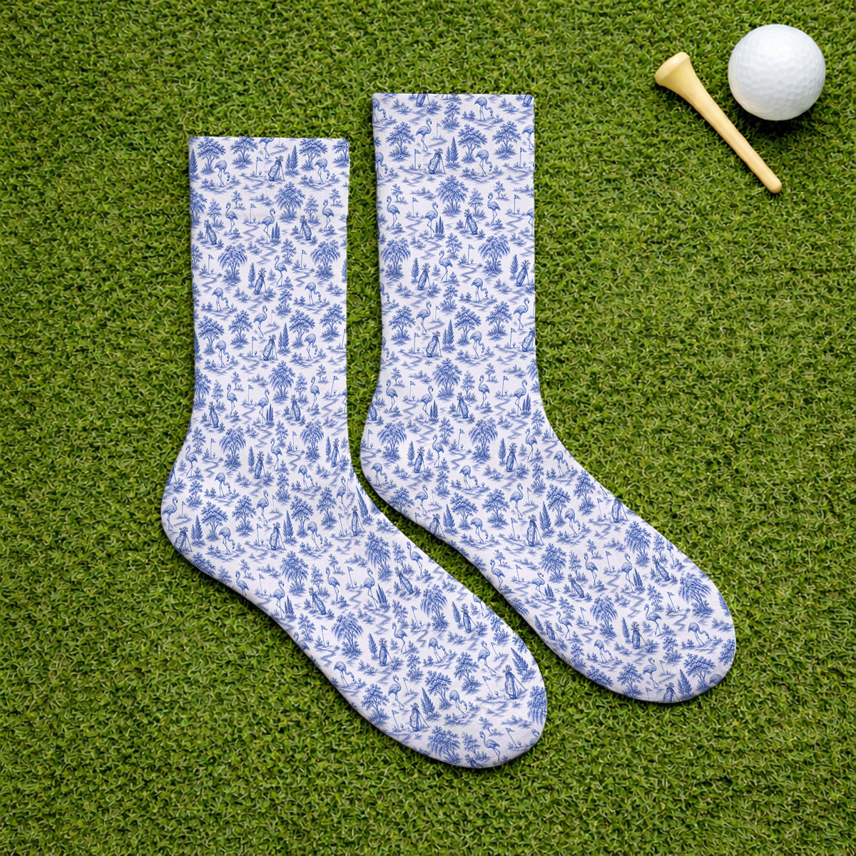 Toile De Jouy Flamingo Golf Crew Sock, Crazy Pink Golf Socks, Golf Gift For Golfer