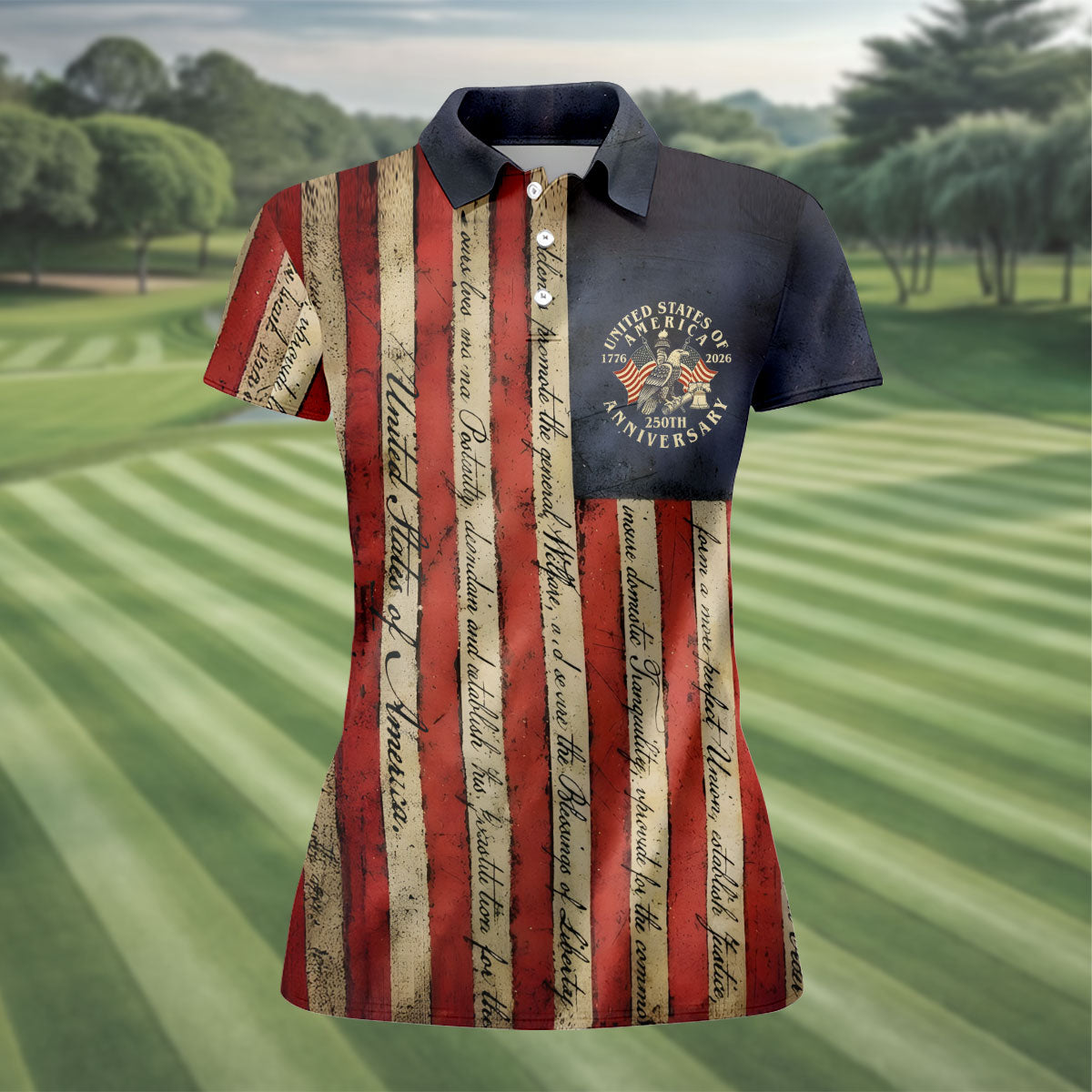 USA 250th Anniversary Distressed Flag Patriotic Golf Shirt, 4th Of July Golf Shirt For Women