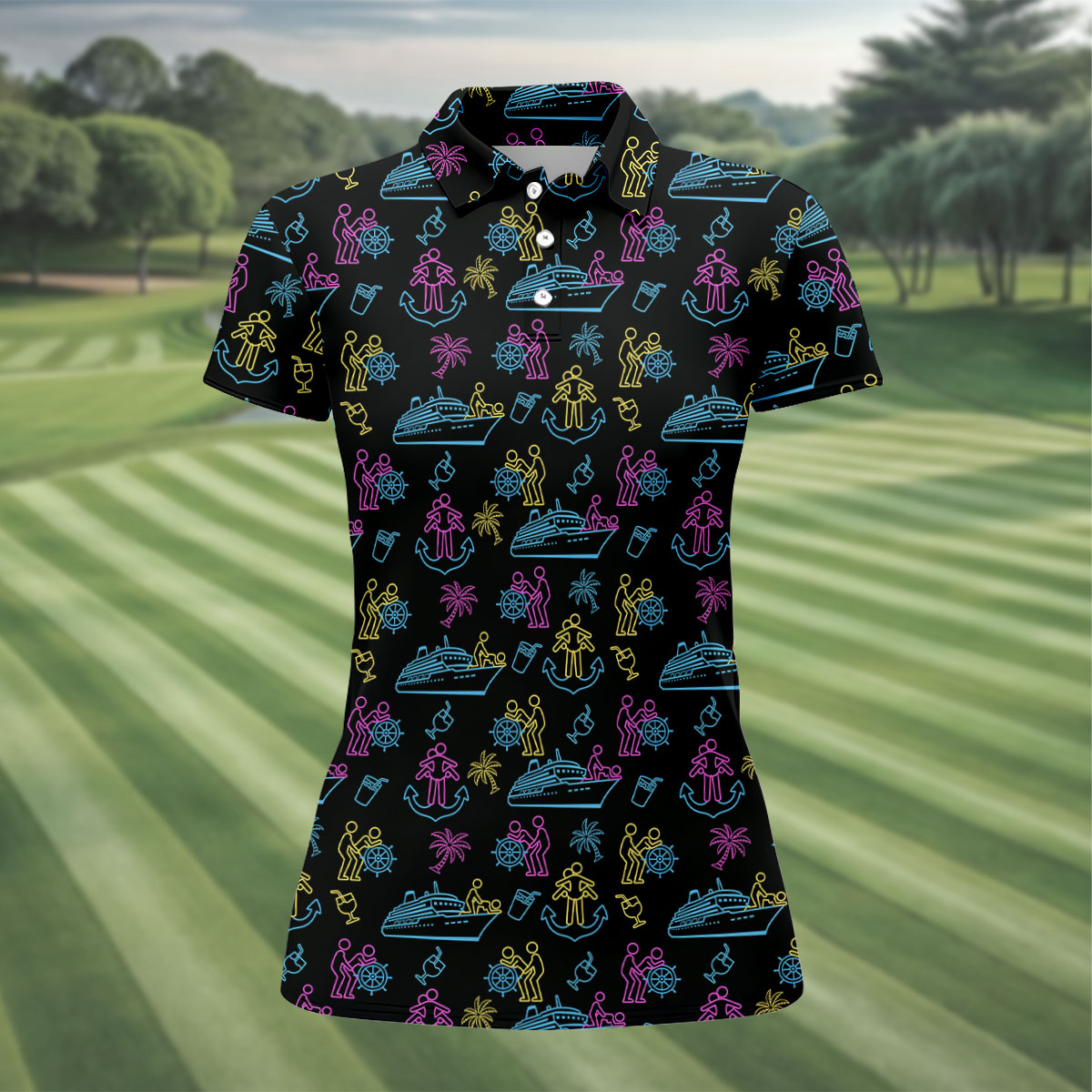 Funny Adult Cruise Vacation Pattern Polo Shirt, Womens Golf Tops, Printed Golf Shirt