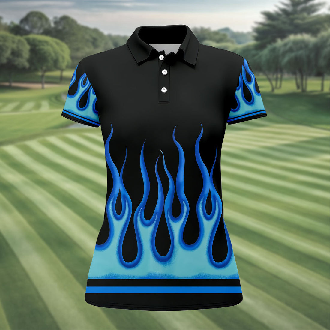 Black Blue Flame Sleeve Golf Shirt, Ladies Golf Shirts, Performance Golf Shirt