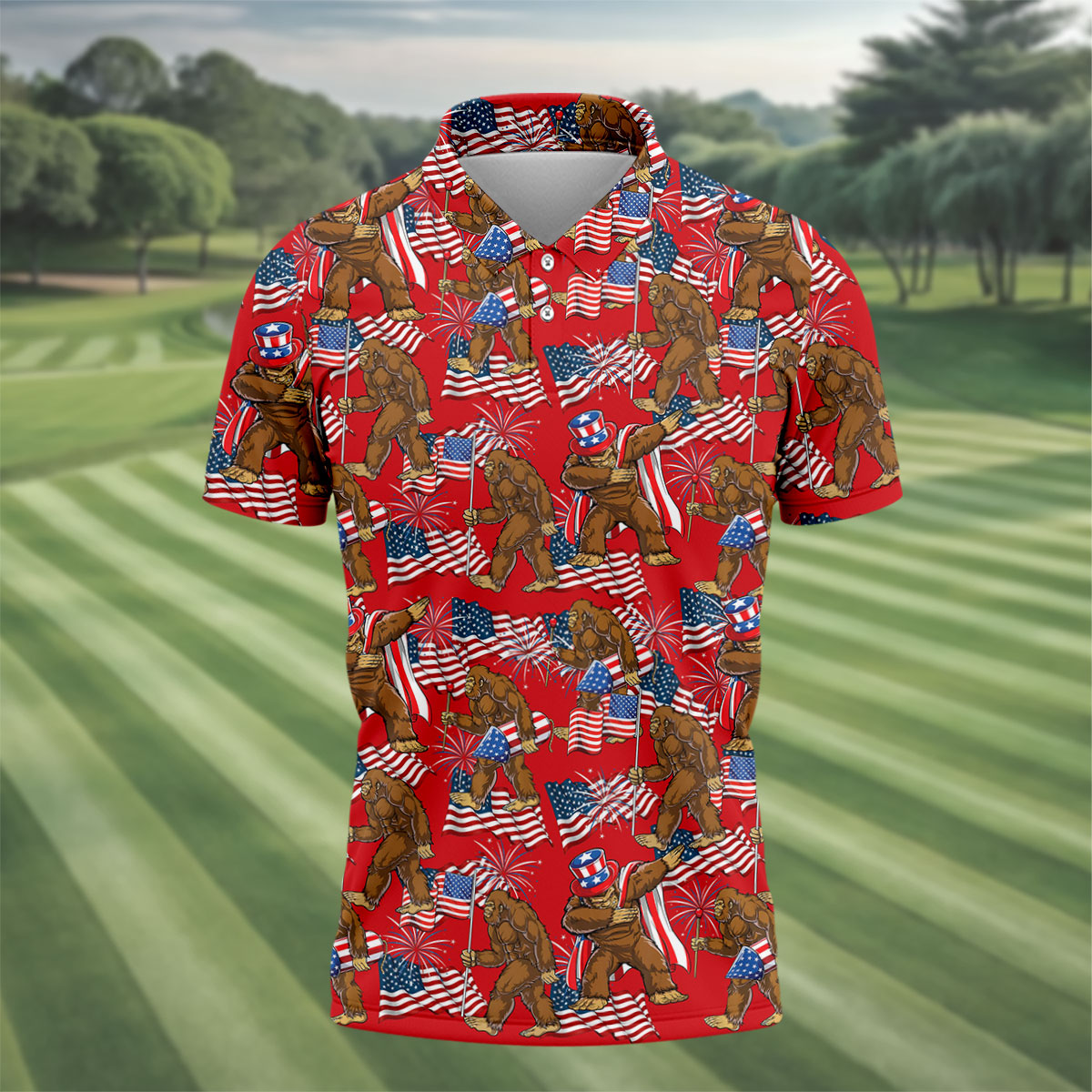 US Flag Pattern 250 Years Bigfoot Golf Shirt, Patriotic 4th Of July Golf Shirts For Men