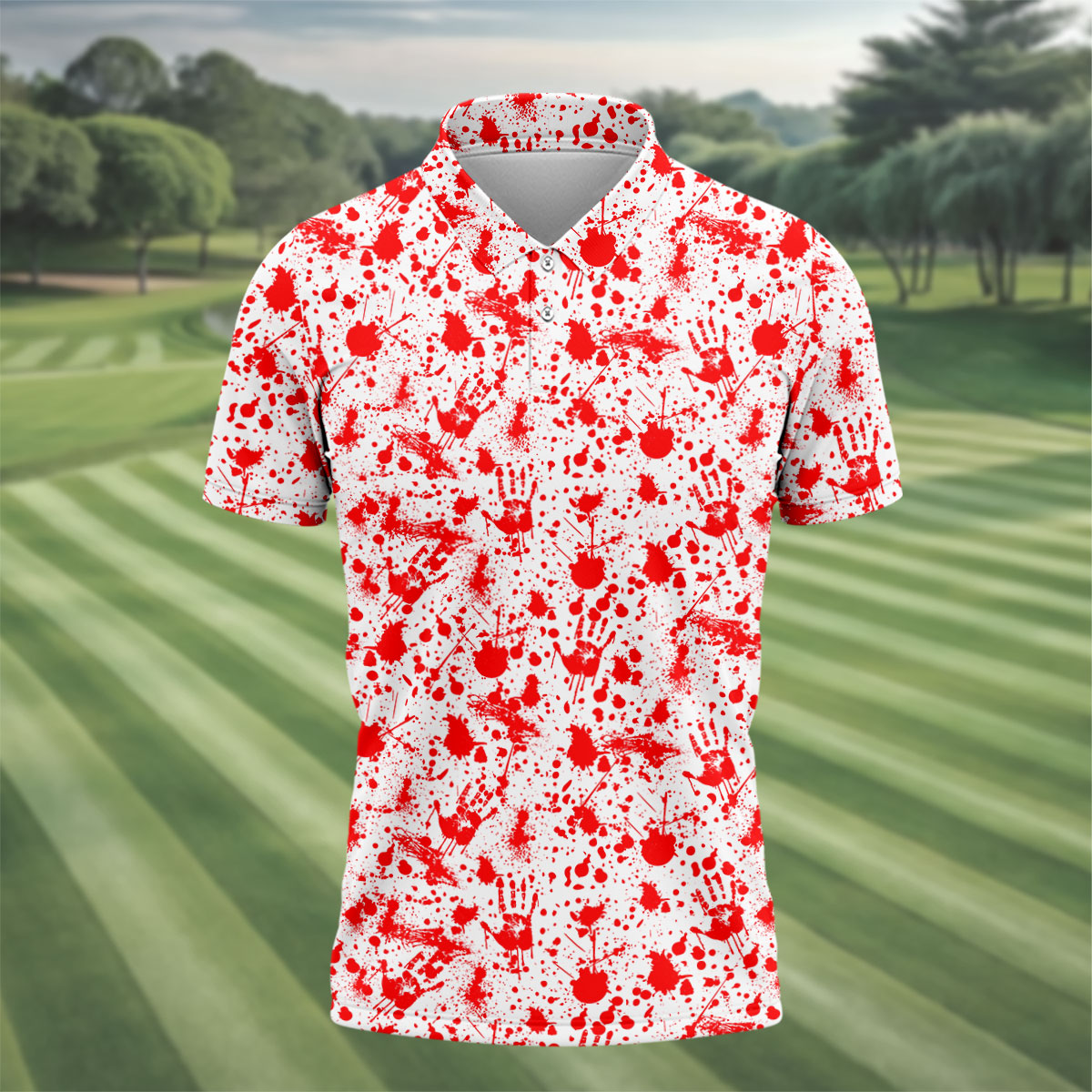 Horror Character Blood Splatter Pattern Golf Polo Shirt, Men's Golf Polo, Hawaiian Golf Shirt