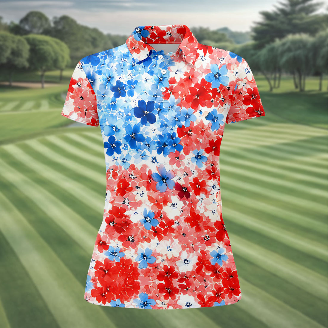 Patriotic Floral Golf Shirt, Red White Blue Blossom Pattern, Golf Shirt For Women