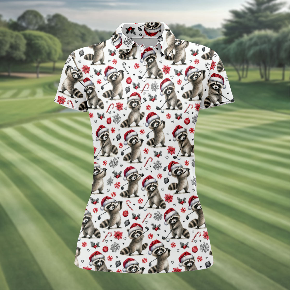 Christmas Raccoon Golfer Santa Hat Golf Polo Shirt, Ladies Golf Shirts, Golf Polo For Women
