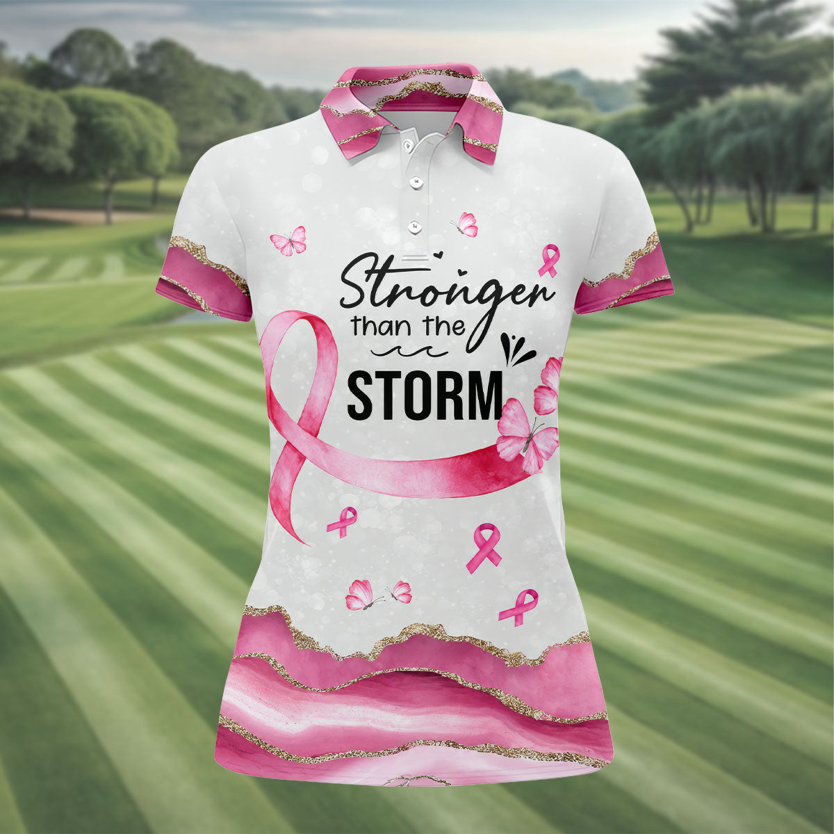 Stronger Than The Storm Breast Cancer Polo Shirt, Golf Tops For Women, Ladies Golf Top