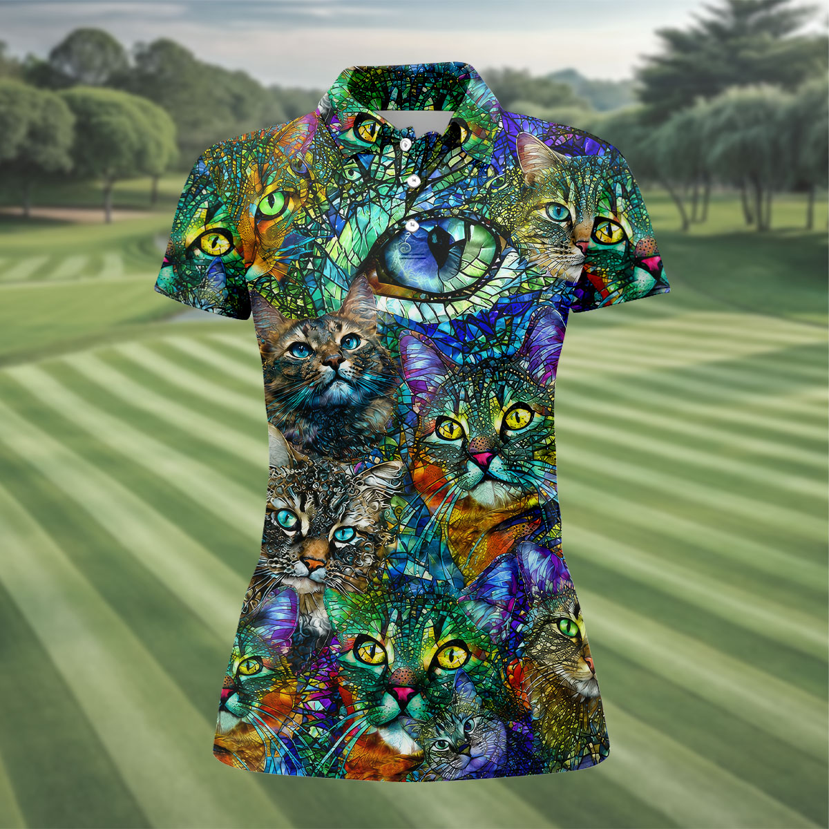 Colorful Stained Glass Cat Art Golf Polo Shirt, Golf Shirts For Women, Women's Golf Polo