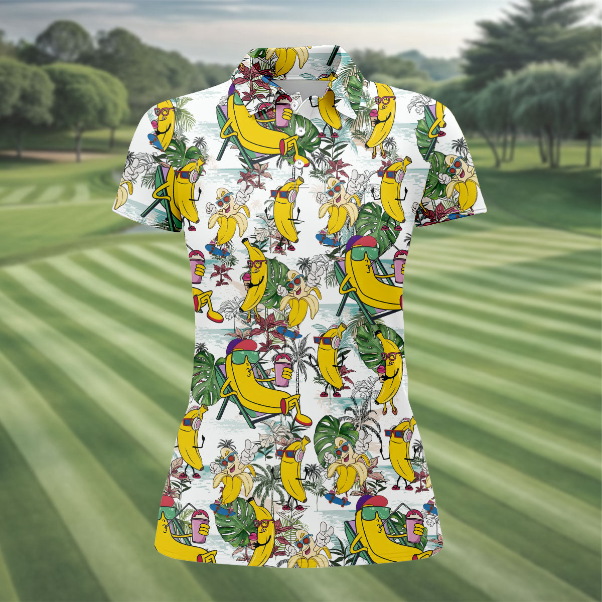 Cartoon Banana Characters on Tropical Island Hawaiian Golf Polo, Golf Tops For Women, Golfing Apparel