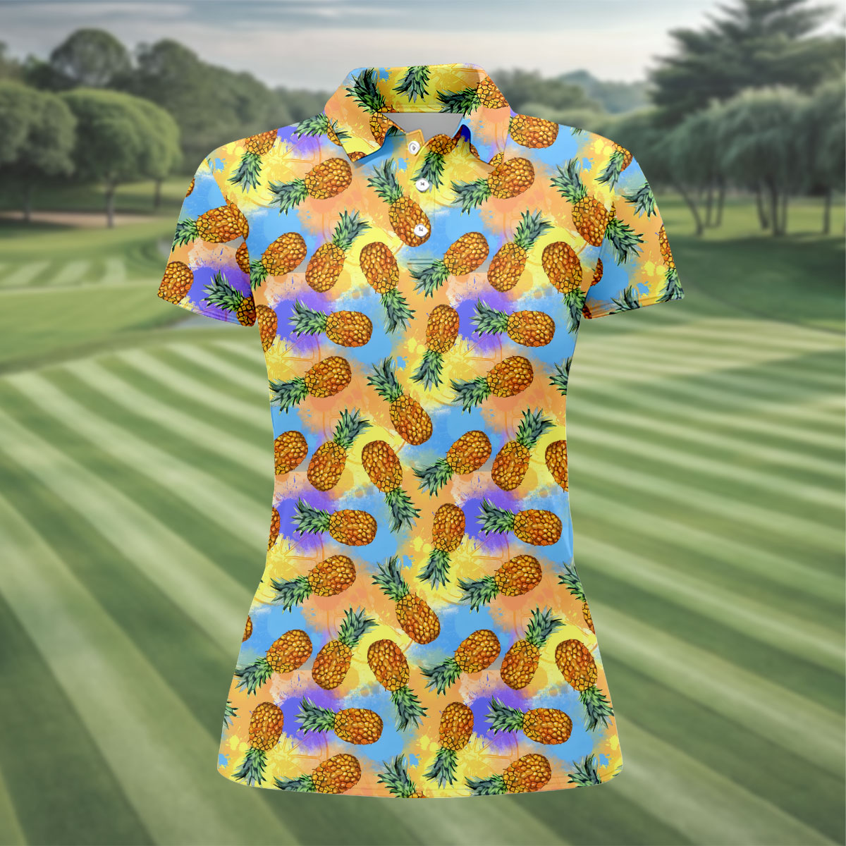 Watercolor Pineapple Tropical Pattern Golf Shirt, Women's Golf Shirt, Hawaiian Golf Shirt, Golf Polo For Women