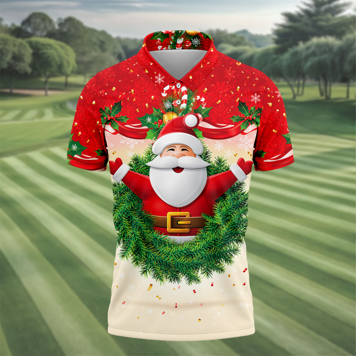 Festive Christmas Santa Wreath Golf Polo Shirt, Mens Golf Polo, Golf Shirts For Men