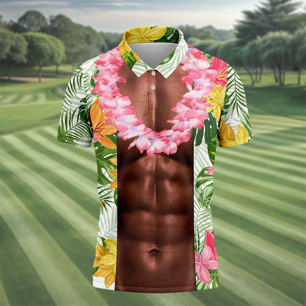 Tan Skin Tropical Muscle Chest Hawaiian Golf Polo Shirt, Golf Apparel For Men, Printed Golf Shirts