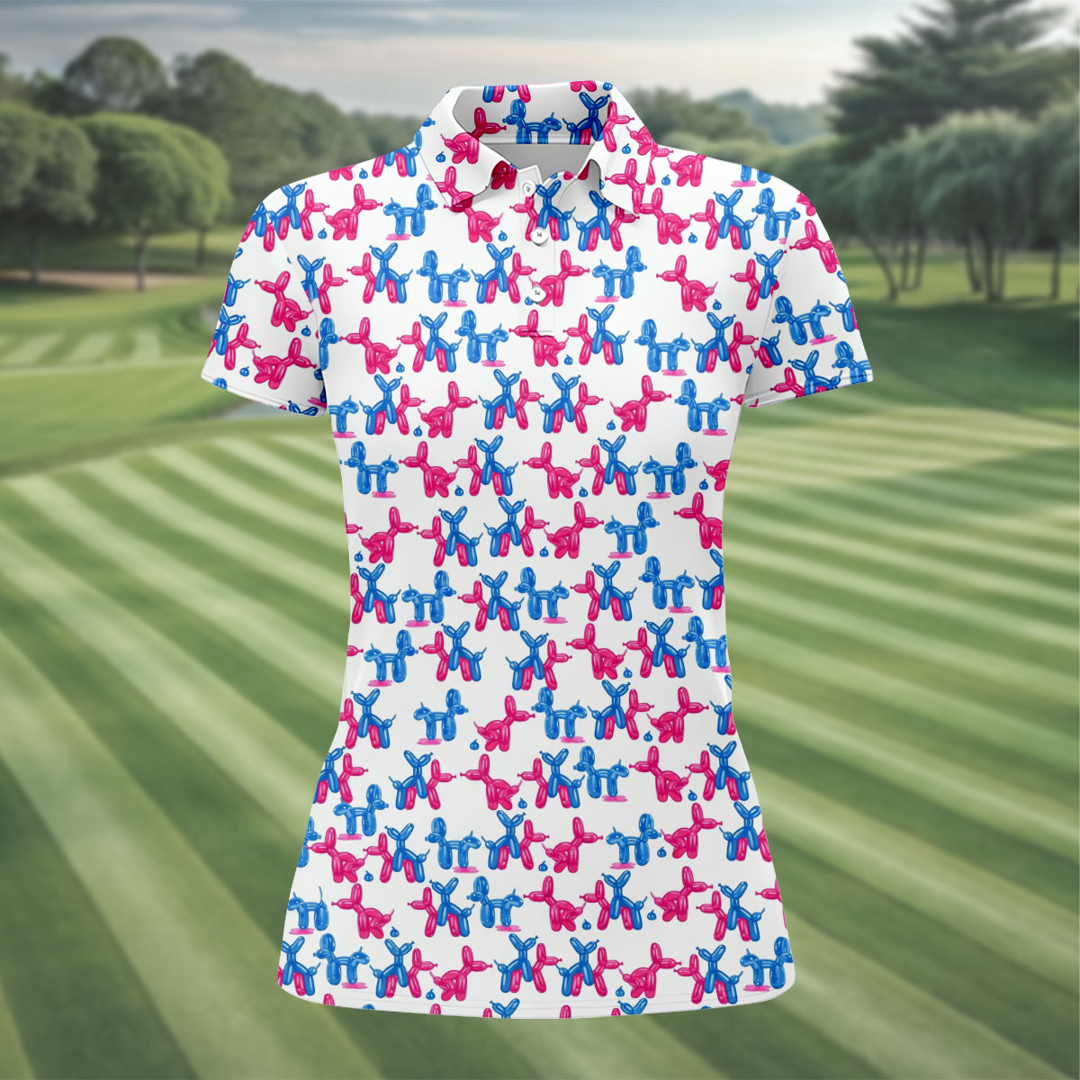 Funny Balloon Dog Pattern Golf Polo Shirt, Women's Golf Tops, Printed Golf Shirt