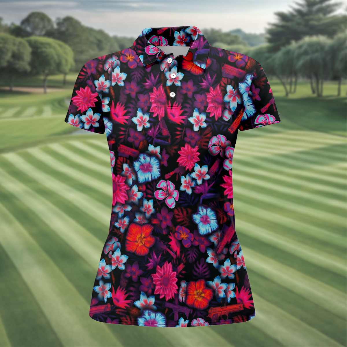 Colorful Hibiscus Tropical Floral Hawaiian Golf Shirt, Summer Vibe Golf Shirt For Women