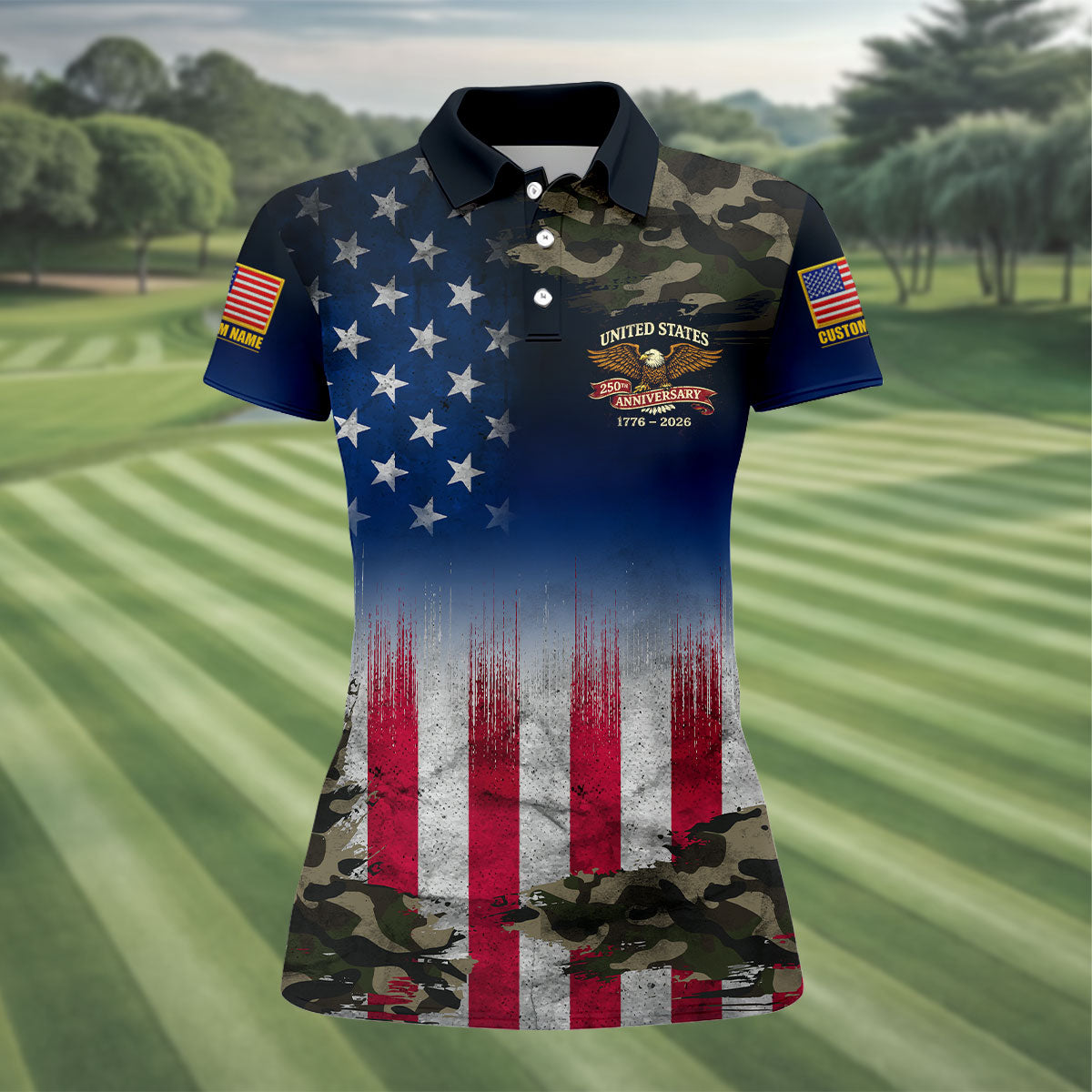 United States 250th Anniversary Camo Patriotic 4th Of July Golf Shirt, Distressed Flag Golf Shirt For Women
