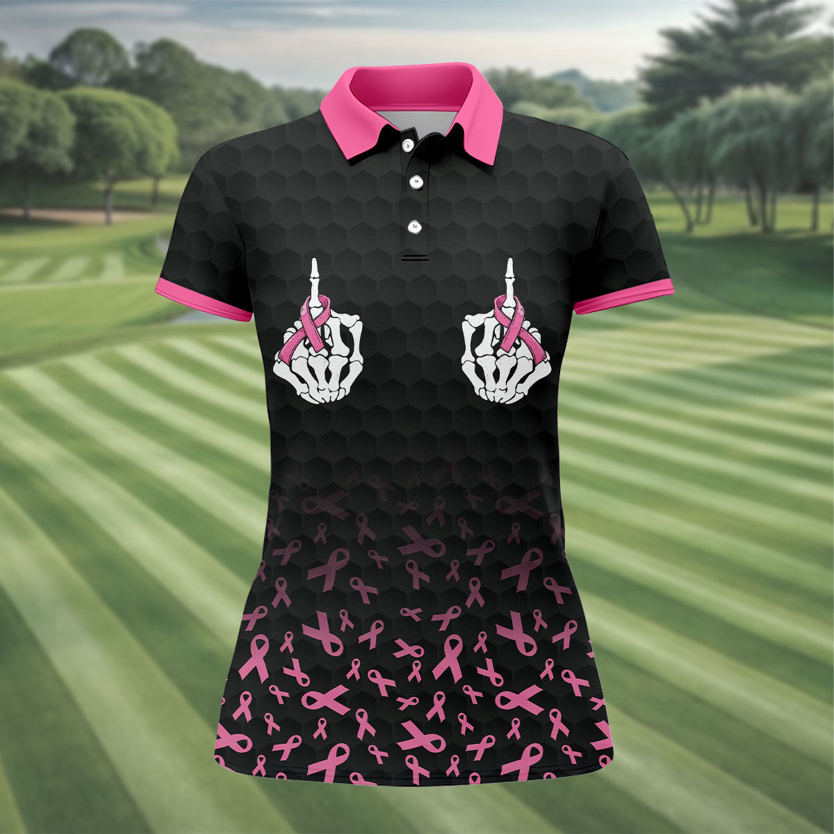 Two Skeleton Middle Fingers Breast Cancer Polo Shirt, Ladies Golf Top, Golf Tops For Women
