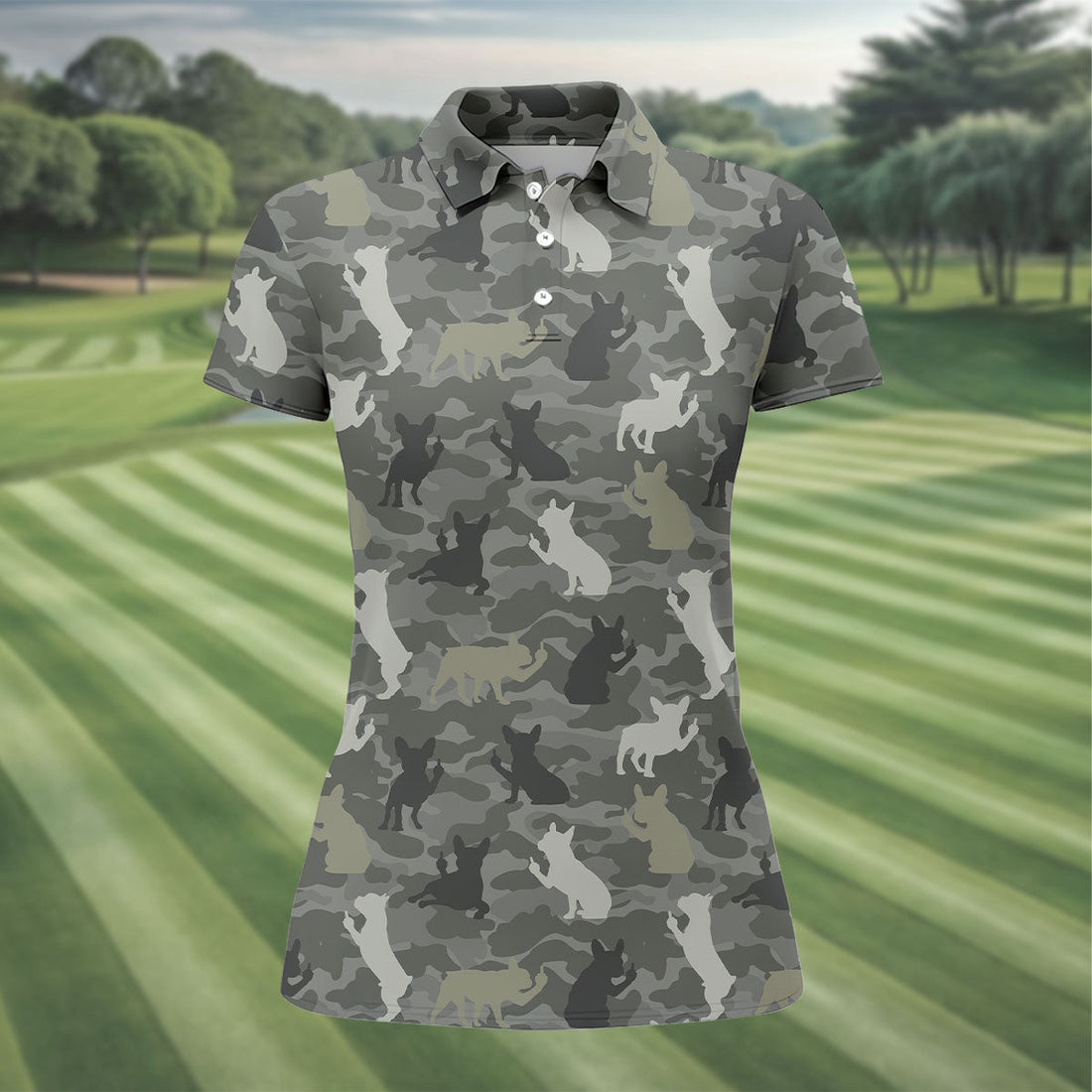 Grey Camo French Bulldog Pattern Golf Shirt, Women's Golf Shirt, Golf Polo For Women, Golf Shirts For Women