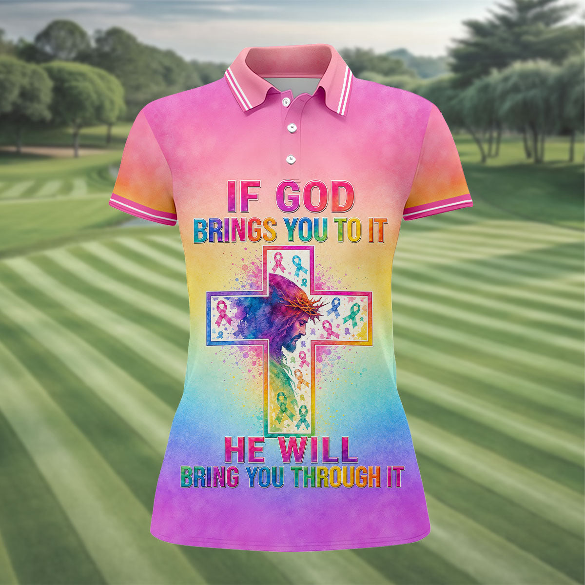 If God Brings You To It Cancer Cross Polo Shirt, Ladies Golf Tops, Printed Golf Shirt