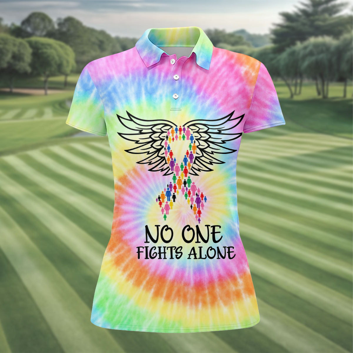 No One Fights Alone Cancer Ribbon Wings Polo Shirt, Women's Golf Polo, Ladies Golf Shirts