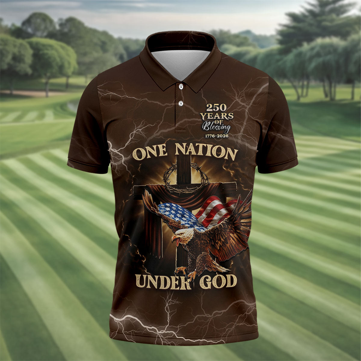 One Nation Under God 250 Years Faith Cross Golf Tops For Men, Patriotic Father's Day Golf Shirt