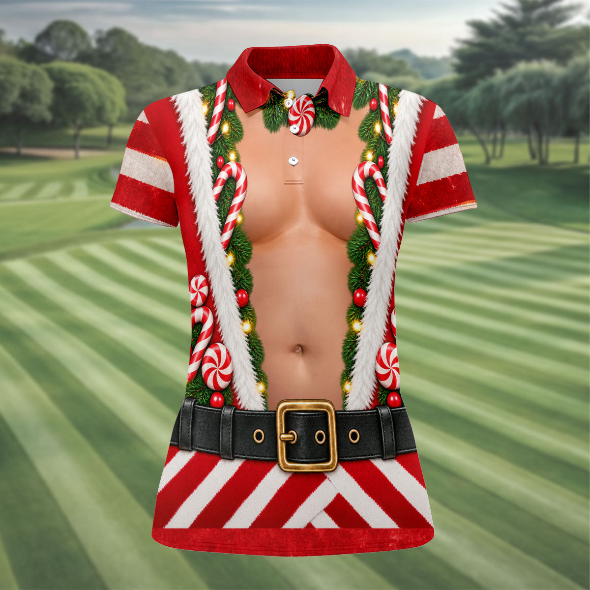 Christmas Candy Cane Santa Suit Polo Shirt, Ladies Golf Top, Women’s Golf Apparel