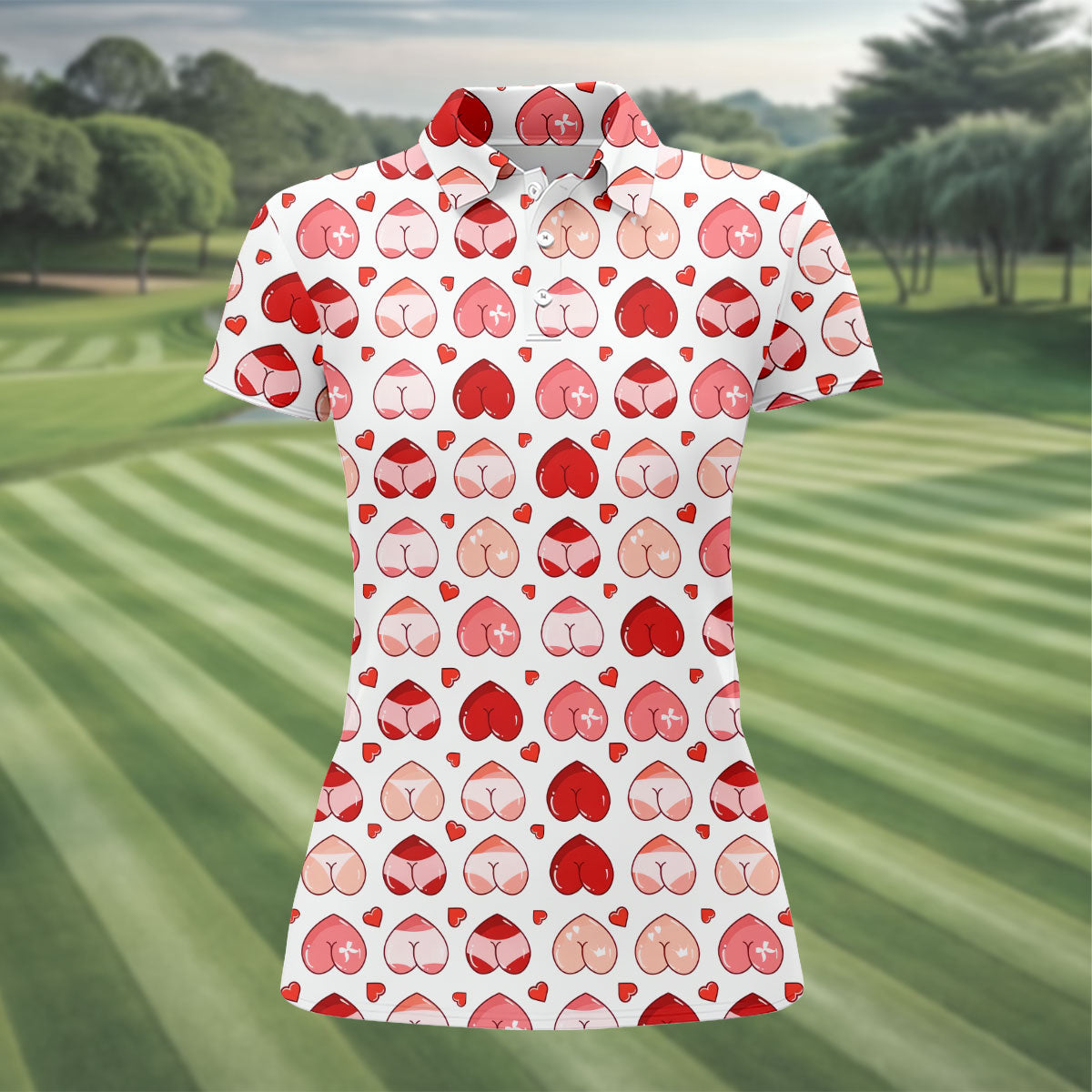 Funny Heart Butt Pattern Golf Polo Shirt, Golf Shirts For Women, Women’s Golf Apparel