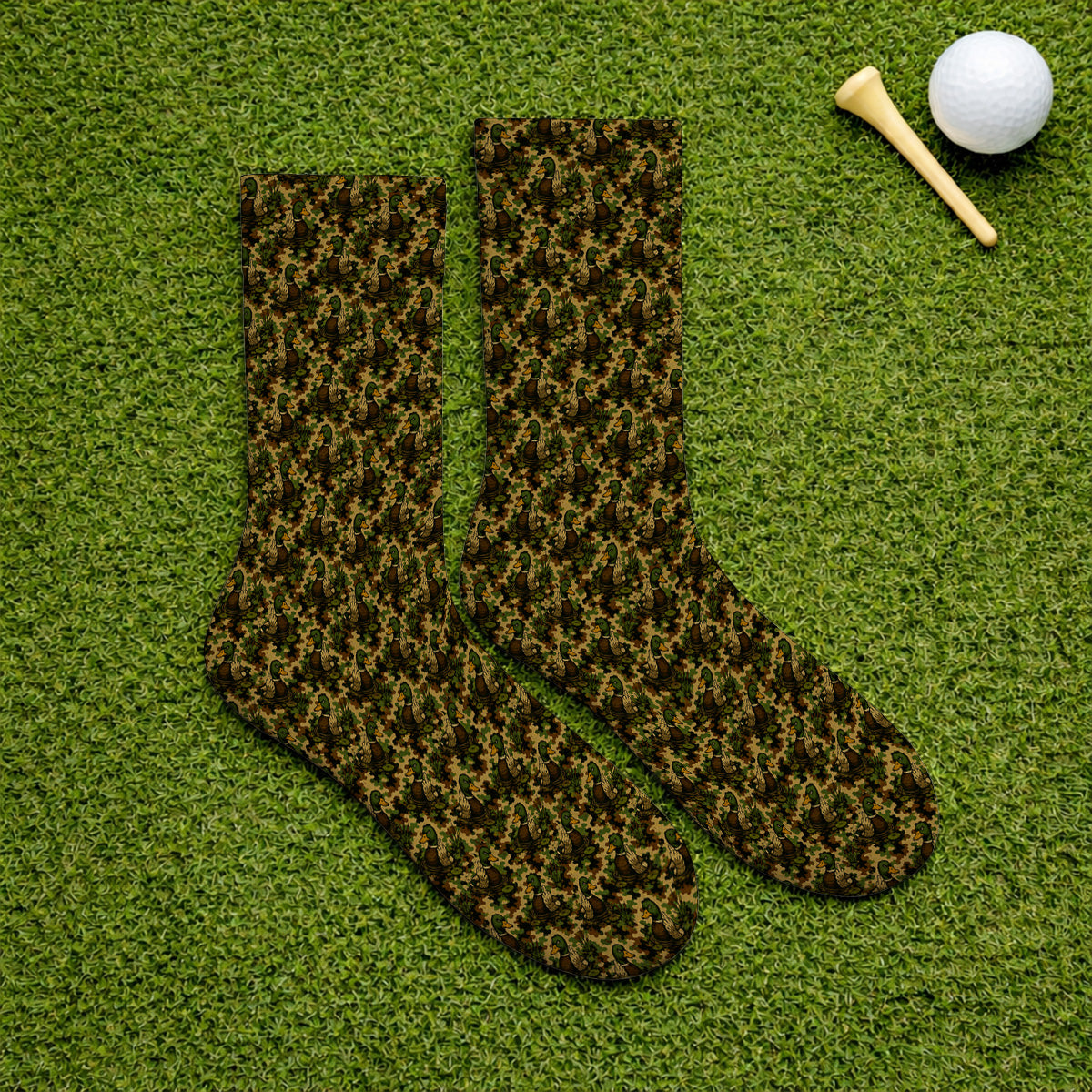 Funny Mallard Duck Golf Socks, Camo Duck Pattern Sock, Hunting Gift For Golf Lovers