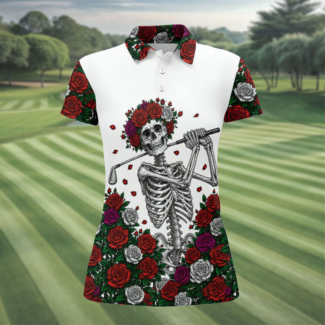 Rose Crown Skeleton Golfer Halloween Polo Shirt, Golf Tops For Women, Ladies Golf Top