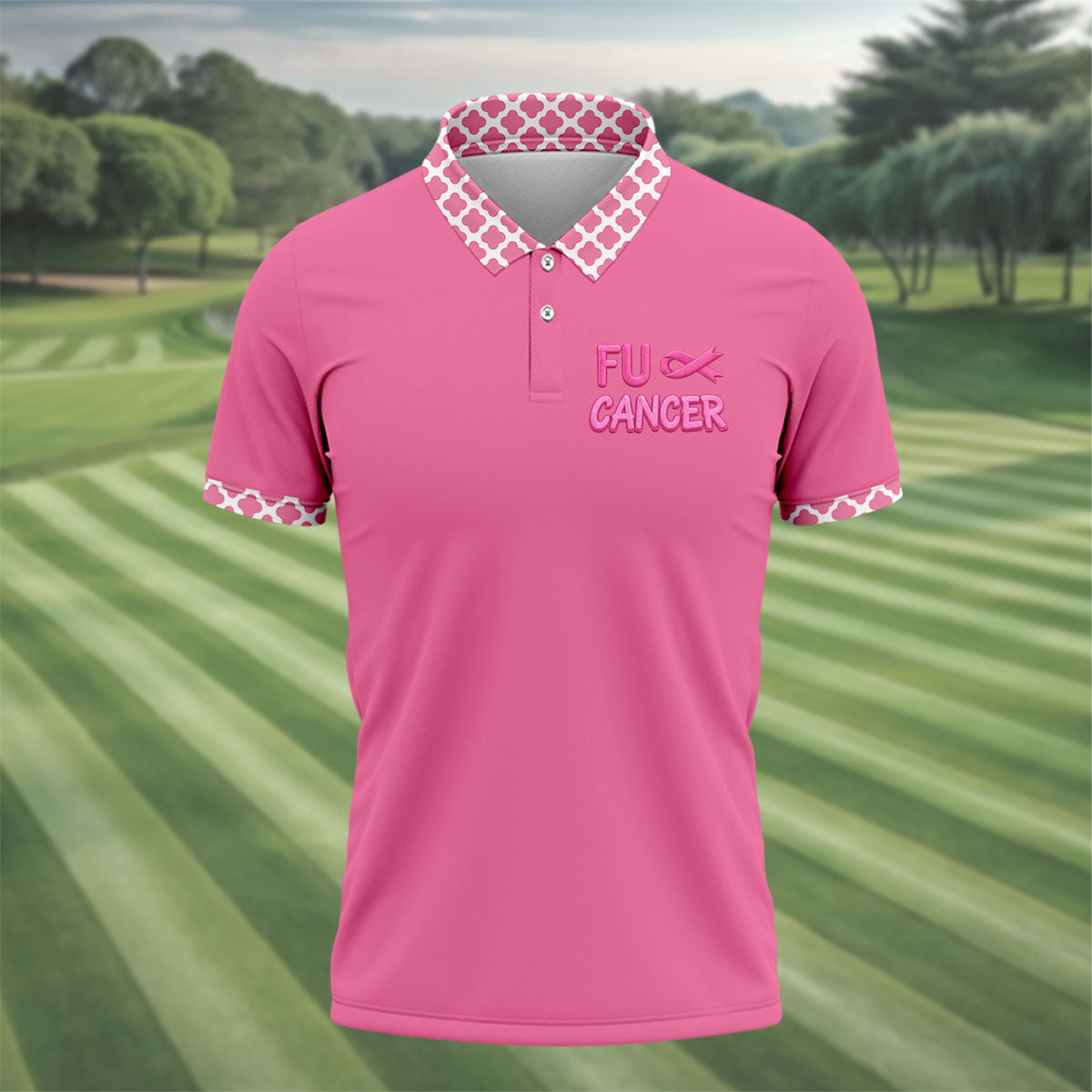 Pink F Cancer Skeleton Middle Finger Breast Cancer Polo Shirt, Men's Golf Shirt, Printed Golf Shirts
