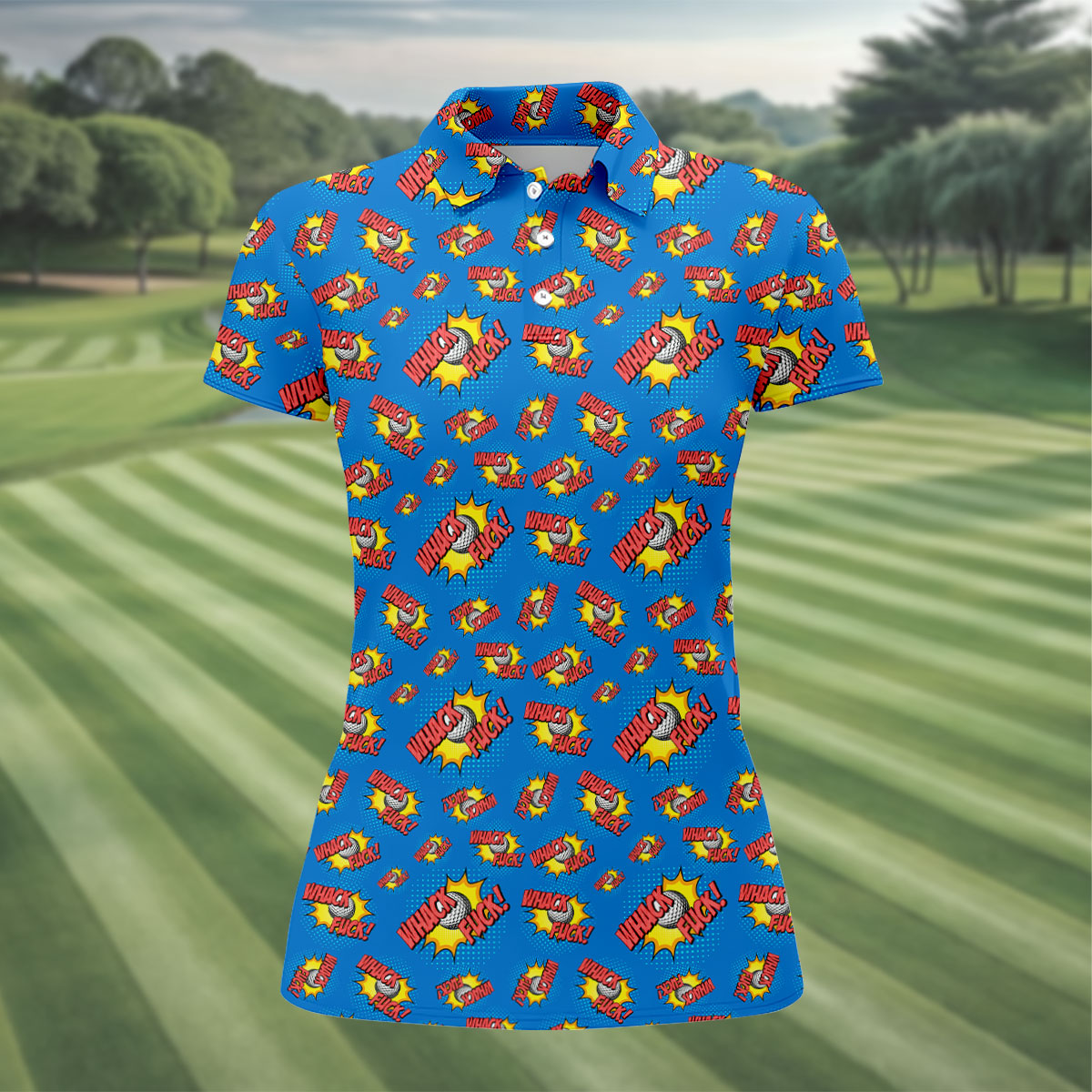 Whack F*ck Comic Golf Ball Blue Funny Polo Shirt, Ladies Golf Tops, Golf Polo For Women